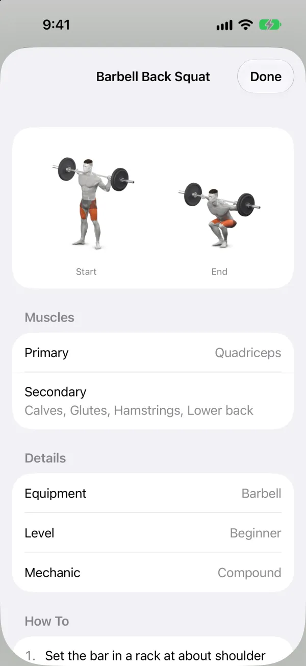 The Barbell Back Squat page: drawings of the start and end positions, the muscles it works, and its equipment, level and mechanic.
