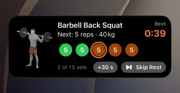 The GymBells Live Activity on the Lock Screen: Barbell Back Squat, next 5 reps at 40 kg, a drawing of the exercise, two of five sets logged, a rest countdown of 0:39, and +30 s and Skip Rest buttons.