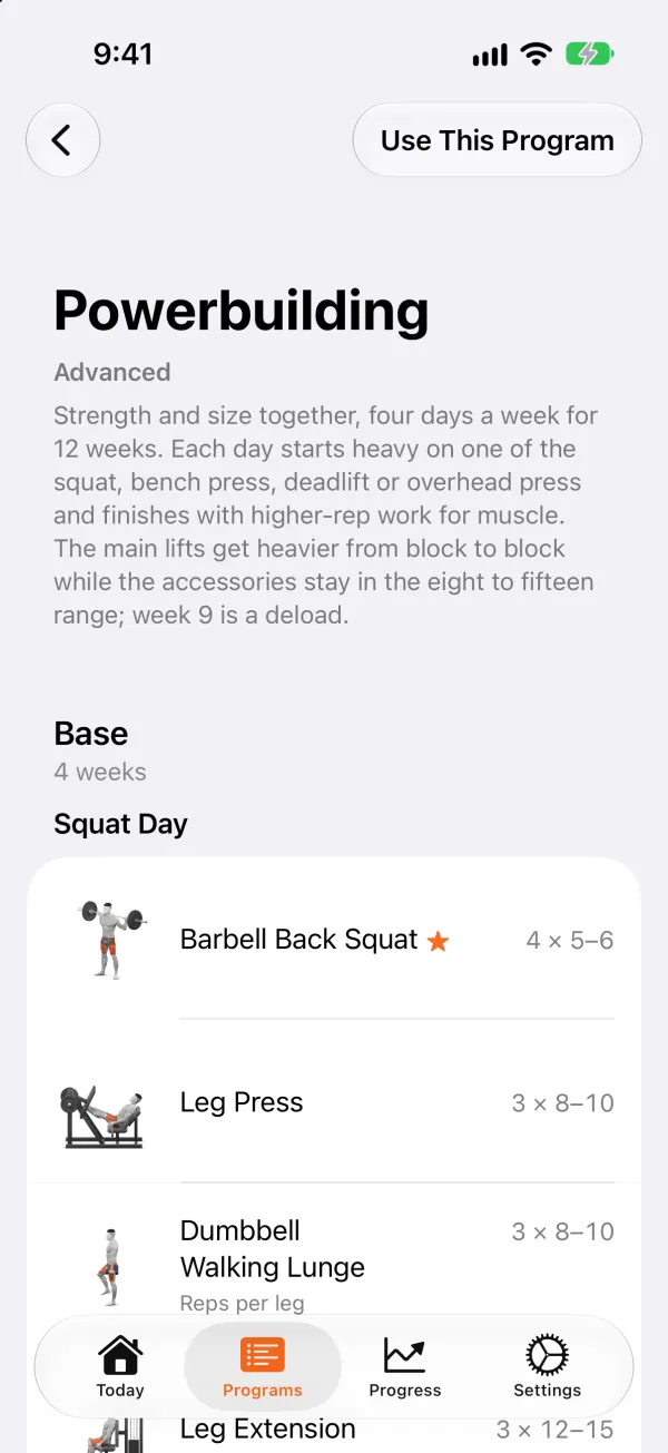 The Powerbuilding program in the Library: its description, the first phase, Base, lasting 4 weeks, and the exercises of Squat Day with their sets and reps.
