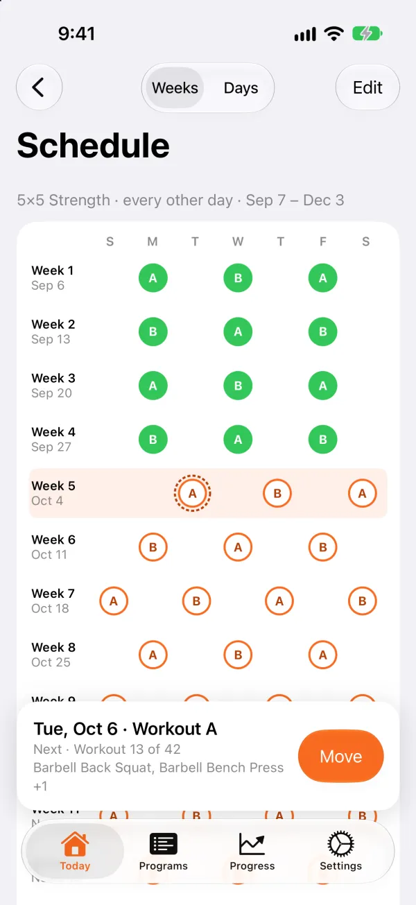 The schedule of 5×5 Strength, every other day: a calendar of the program week by week with workouts A and B on the training days, and a Move button for today's workout.