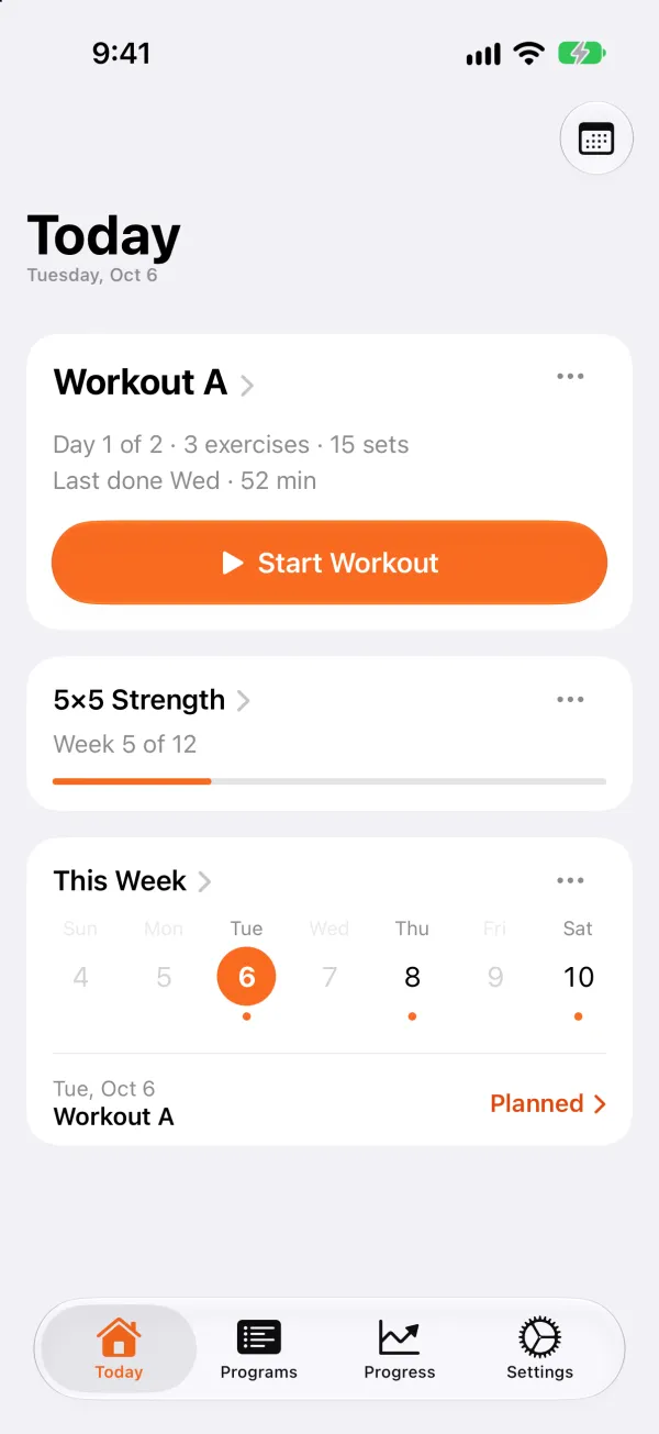The Today screen: Workout A, day 1 of 2 with 3 exercises and 15 sets, a Start Workout button, the program 5×5 Strength at week 5 of 12, and this week's training days.