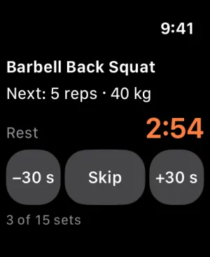GymBells on Apple Watch during rest: a 2:54 countdown with −30 s, Skip and +30 s buttons.