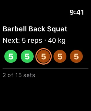GymBells on Apple Watch: Barbell Back Squat, next 5 reps at 40 kg, with two sets logged in green and three to go.