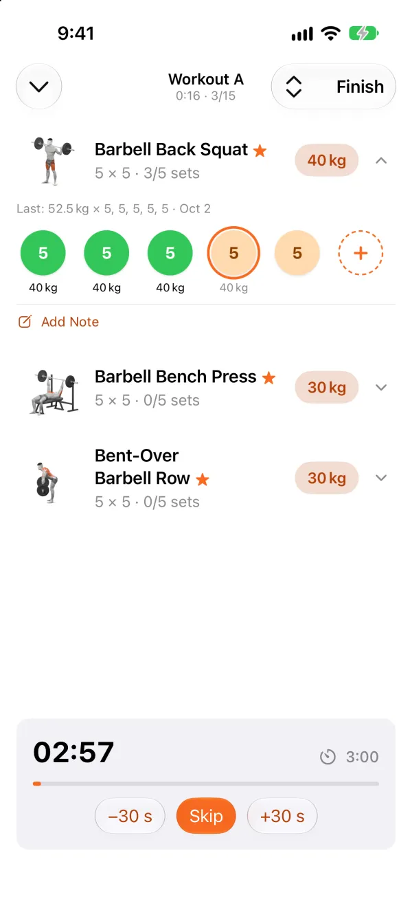 A workout in progress: Barbell Back Squat, 5 × 5 at 40 kg, with three sets logged in green, and the rest timer counting down from 3:00 with −30 s, Skip and +30 s.